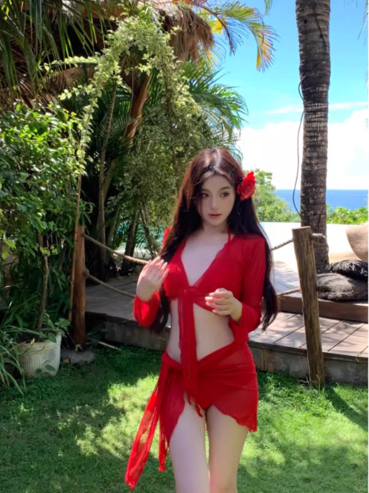 2024 New Sexy Sexy Swimsuit Female Separates Bikini Four-Piece Suit Bright Red Covering Belly Thin Holiday Hot Spring