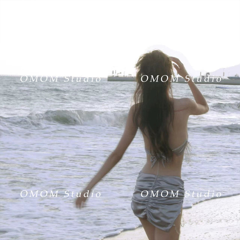 Omom2023 Shiny Swimsuit Women's Small Size Sexy Bikini Four-Piece Suit Swimsuit Seaside Vacation