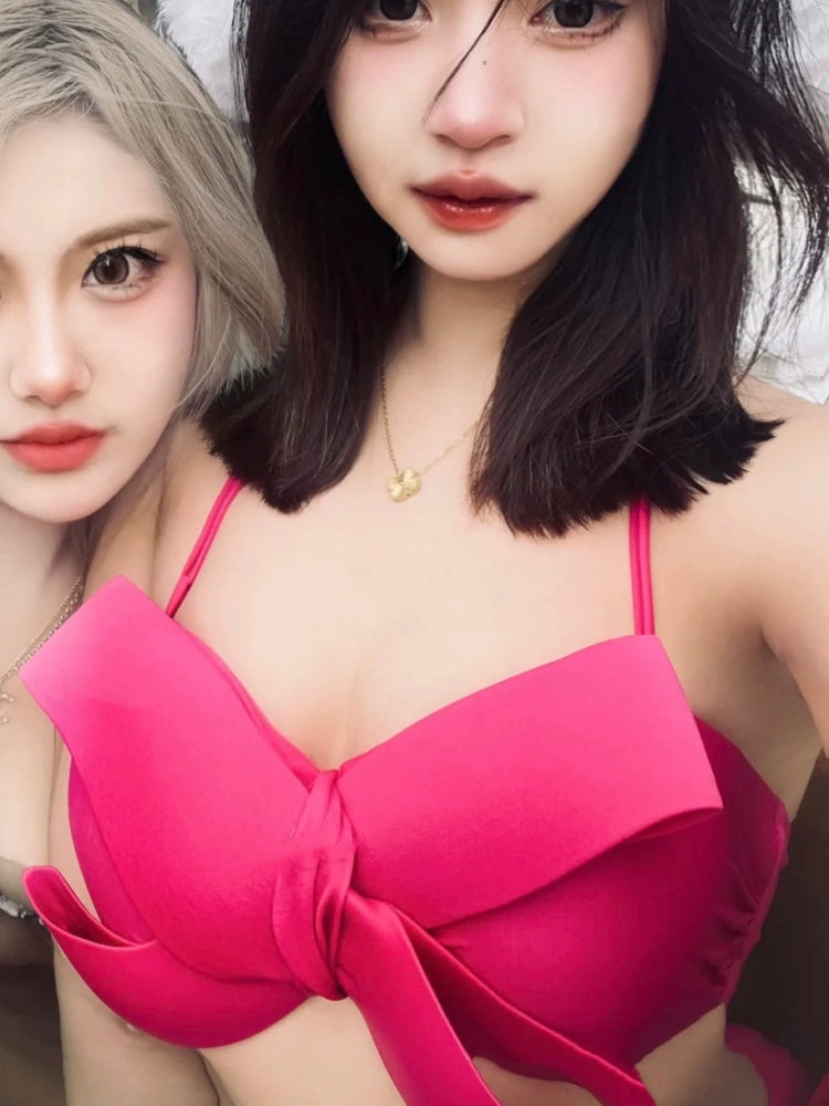 Pink ~ Pure Desire Style Pink White Three-Dimensional Big Bow Swimsuit Female Sexy Gathering Small Chest Steel Bracket Bikini