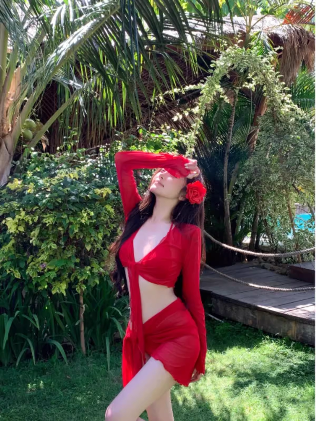 2024 New Sexy Sexy Swimsuit Female Separates Bikini Four-Piece Suit Bright Red Covering Belly Thin Holiday Hot Spring