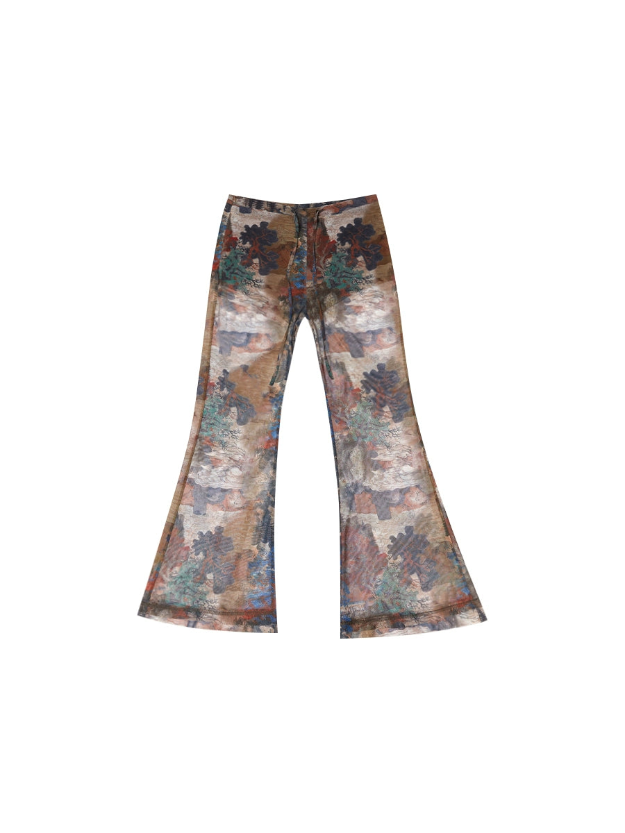 Thelight Retro Print Bootcut Trousers Women's Summer Breathable Mesh Stylish Long Pants Sub-Culture