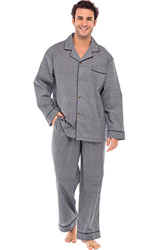 Alexander Del Rossa Men’s Pajama Set, Long Button Down Pajamas, Lightweight Cotton PJ Set, Gray Houndstooth Check with Gray Piping, Small