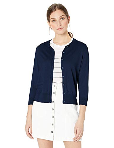 Chaps Women's 3/4 Sleeve Cotton Crewneck Cardigan, Light Peony (SP 21), X-Small