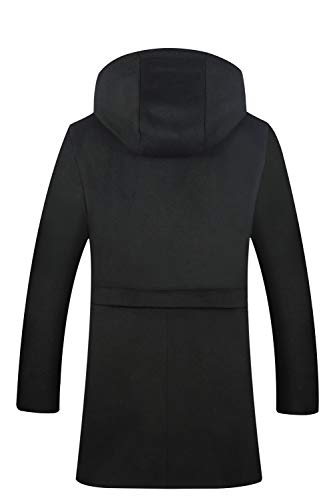 ELETOP Men's Coat 80% Wool Overcoat Winter Long Pea Coat Classic Hooded Jacket 1812 Black L