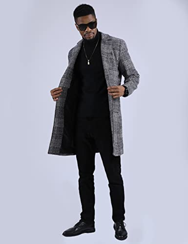 Uaneo Men's Casual Notch Lapel Single Breasted Plaid Mid Long Trench Pea Coat (Dark Gray, XX-Large)