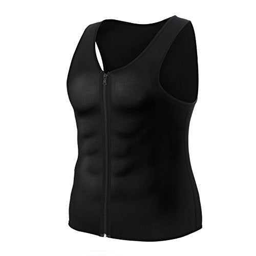 Wonderience Men Waist Trainer Vest for Weightloss Hot Neoprene Corset Body Shaper Zipper Sauna Tank Top Workout Shirt (XL, Black Neoprene Slimming Vest)