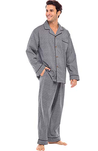 Alexander Del Rossa Men’s Pajama Set, Long Button Down Pajamas, Lightweight Cotton PJ Set, Gray Houndstooth Check with Gray Piping, Small