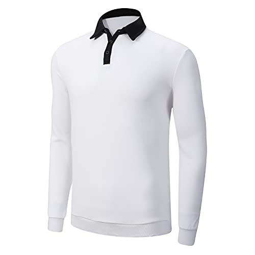 NeedBo Men's Long Sleeve Polo Shirt Contrast Color Sport Golf Shirt with Knit Hem White XXL