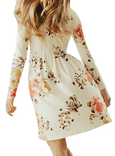 Blibea Little Girls Casual Long Sleeve Empire Waist Flower Print Knee Length Pockets Midi Dress Size 12 13 White