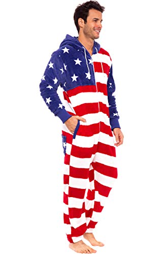 Alexander Del Rossa Men's Warm Fleece One Piece Footed Pajamas, Adult Onesie with Hood, 3X American Flag Limited Edition (SKU-A0314USA3X)