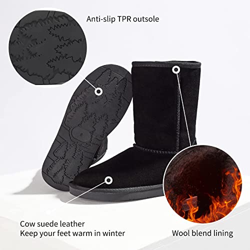 Women's Winter Snow Boots Warm Cow Suede Leather Mid Calf Boots Ankle Booties(Black,US9)