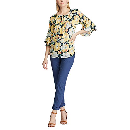 Chaps Women's Layered Bell Sleeve Relaxed Silk Georgette Top, Capri Navy/Yellow, S-Petite Size