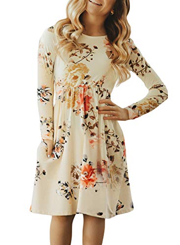 Blibea Little Girls Casual Long Sleeve Empire Waist Flower Print Knee Length Pockets Midi Dress Size 12 13 White