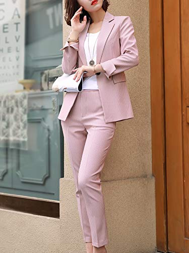 SUSIELADY Women's Two Piece Plaid Open Front Long Sleeve Blazer and Elastic Waist Pant Set Suit (Pink-6095K, L)