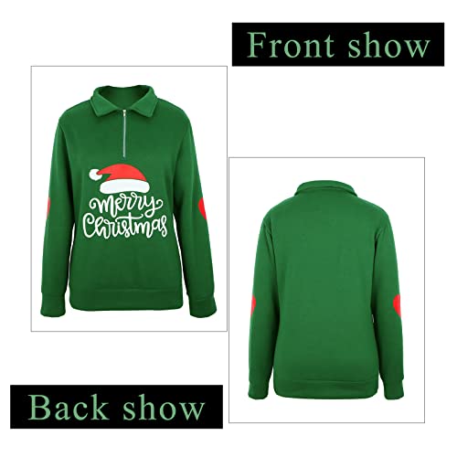 ASTANFY Women’s Christmas Long Sleeve Sweatshirts Half Zipper Lapel Casual Pullover Top Green Medium
