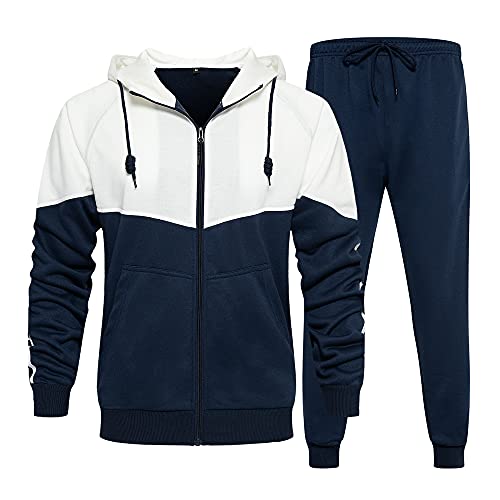 Runcati Mens Tracksuit Sweatshirt and Joggers Color Block Sweatsuit 2 Pcs Sports Set Blue