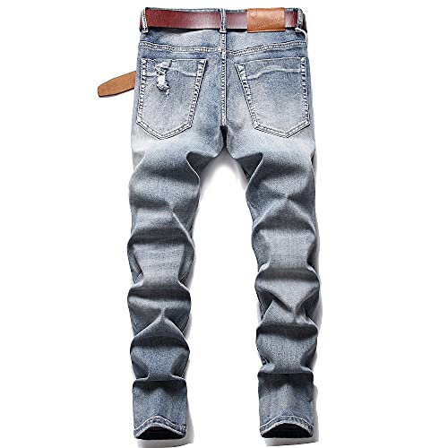 XIMXIMMTIAN Men's Biker Moto Washed Distressed Slim Fit Straight Jeans Denim (28, 1577 Blue)