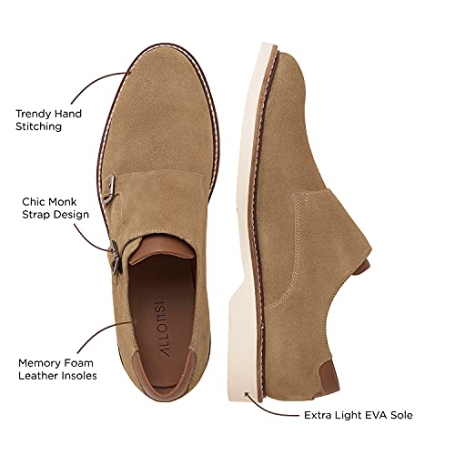 ALLONSI Neil | Genuine Leather Suede Dress Shoes | Luxury Mens Monk Strap Shoes | Handcrafted Trendy Casual Shoes | Lightweight EVA Sole | Plain Toe | Beige | US 11