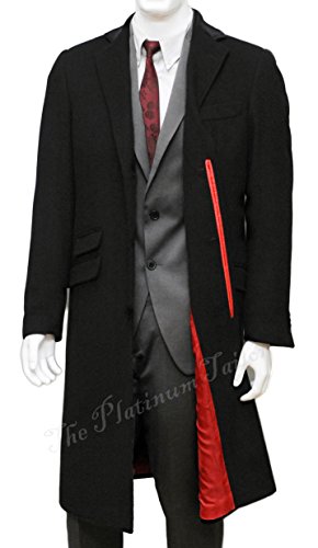 Mens Black Overcoat Wool & Cashmere Covert Warm Winter Mod Cromby Coat Velvet Collar & Red Satin Lining (42)