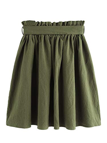 SheIn Women's Casual Self Tie Waist Frill Double Pocket Short Skirt Army Green Large