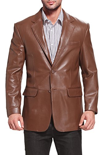 BGSD Men Richard Classic 2-Button Leather Blazer Lambskin Sport Coat Jacket Cognac Large