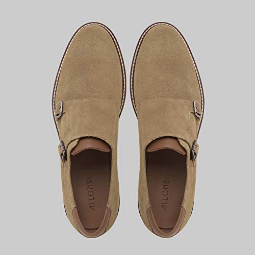 ALLONSI Neil | Genuine Leather Suede Dress Shoes | Luxury Mens Monk Strap Shoes | Handcrafted Trendy Casual Shoes | Lightweight EVA Sole | Plain Toe | Beige | US 11