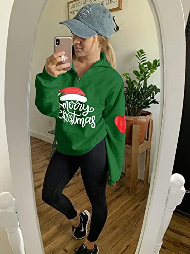 ASTANFY Women’s Christmas Long Sleeve Sweatshirts Half Zipper Lapel Casual Pullover Top Green Medium