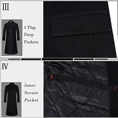 APTRO Men's Full Length Wool Trench Coat Fleece Lining Double Breasted Overcoat 1818 Black XXL