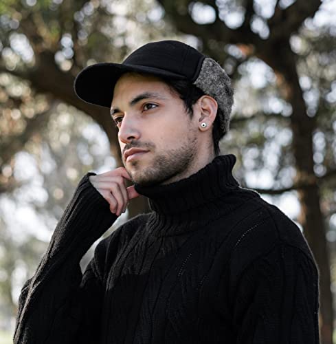 Comhats Winter Wool Baseball Cap Earflap Hat Faux Fur Ear Flap Hat for Men Hunting Fitted Hat Black Unisex