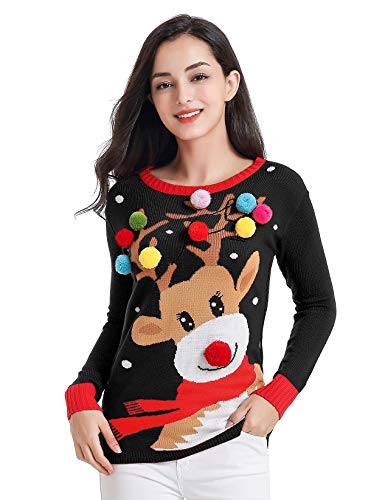 v28 Varied Ugly Christmas Sweater for Women Merry Reindeer Shirt Knit Sweaters (Medium, Colorful Deer Black)