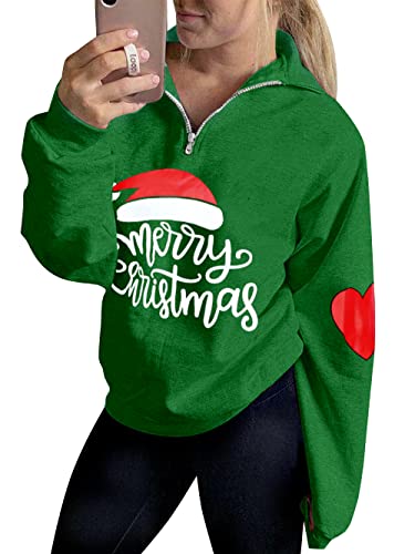 ASTANFY Women’s Christmas Long Sleeve Sweatshirts Half Zipper Lapel Casual Pullover Top Green Medium