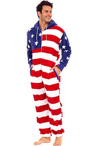 Alexander Del Rossa Men's Warm Fleece One Piece Footed Pajamas, Adult Onesie with Hood, 3X American Flag Limited Edition (SKU-A0314USA3X)