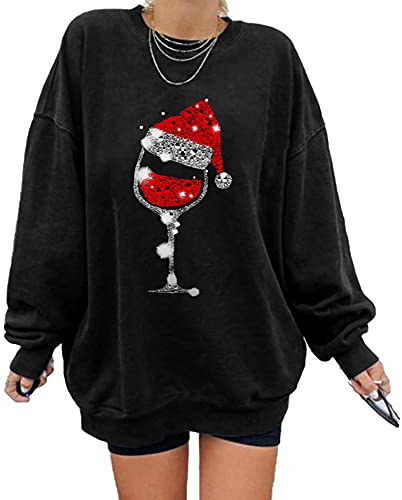 Women's Oversized Sweatshirt Red Wine Glass Christmas Crewneck Long Sleeve Casual Loose Pullover Tops