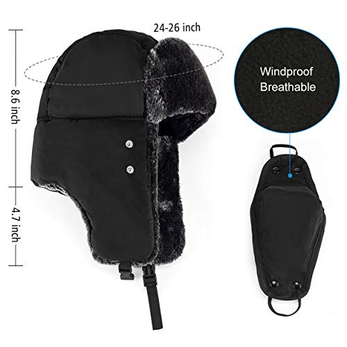 Mysuntown Unisex Winter Trooper Trapper Hat Hunting Hat Ushanka Ear Flap Chin Strap and Windproof Mask,Black,22-24 Inches ,One Size Fits All