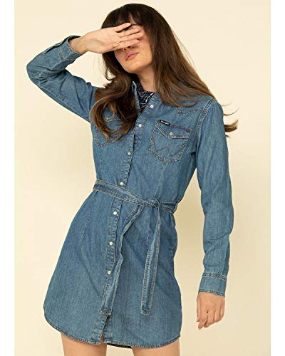 Wrangler Women's Long Sleeve Western Snap Dress, Mid Denim, X-Large