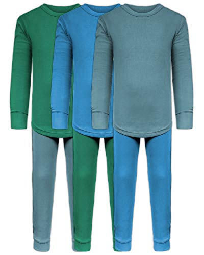 Boys Long John Ultra-Soft Cotton Stretch Base Layer Underwear Sets / 3 Long Sleeve Tops + 3 Long Pants - 6 Piece Mix & Match (3 Sets / 6 Pc - Evergreen/Blue/Arctic, 7)