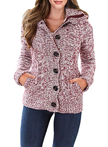Sidefeel Women Hooded Knit Cardigans Button Cable Sweater Coat Small Red