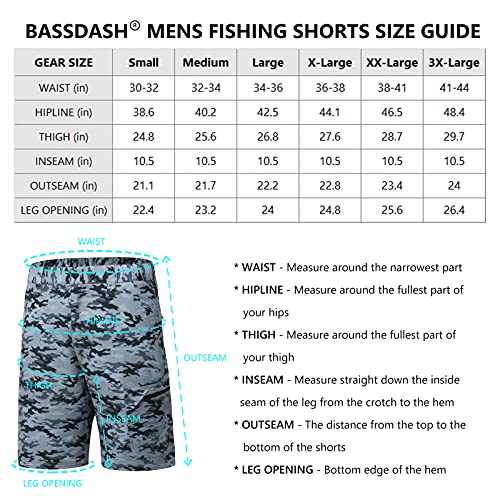 BASSDASH FP01M 10.5” Mens Fishing Cargo Shorts Quick Dry UPF 50+ Water Resistant