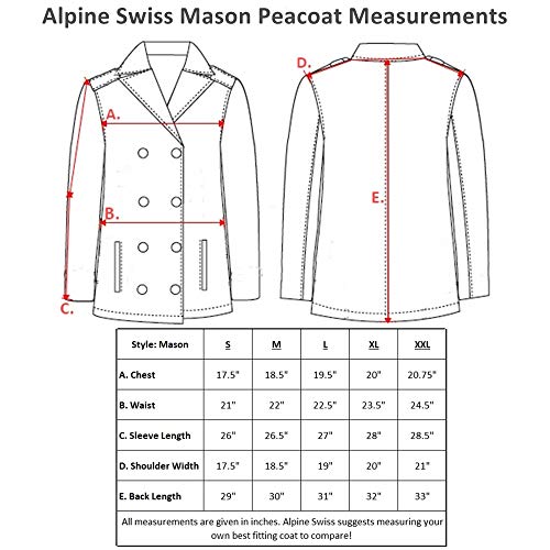 Alpine Swiss Mason Mens Wool Blend Classic Pea Coat Black Large