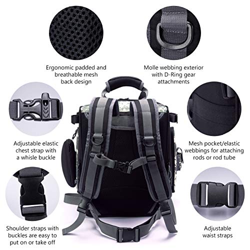 BASSDASH FP04 Fishing Tackle Backpack Water Resistant Bag with Rod Water Bottle Holder for Outdoor Camping Hiking