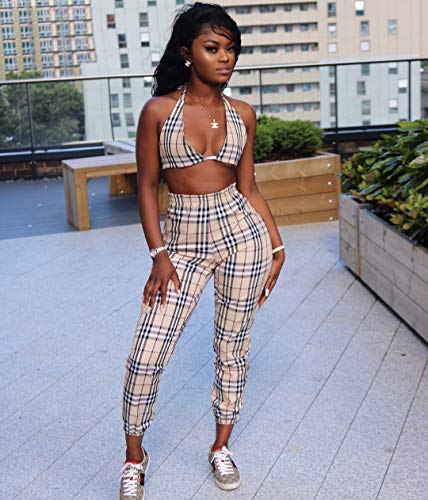 THLAI Women Casual Plaid 2 Piece Outfits Open Front Long Sleeve Blazer with Matching Bra and Long Pants Set 3 Piece Outfits