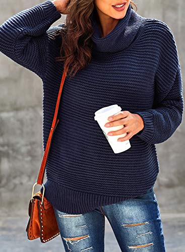 Actloe Women Casual Turtleneck Long Sleeve Chunky Knitted Pullover Sweaters Navy Large