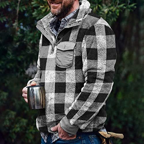 Mens Warm Quilted Lined Flannel Shirt Jacket 1/4 Button Long Sleeve Plaid Henley Shirts Pullover Sweashirts Pockets Black