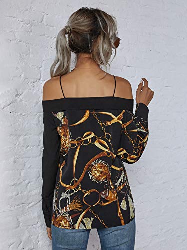 Floerns Women's Off The Shoulder Long Sleeve Button Front Blouse Shirt Tops Black XL