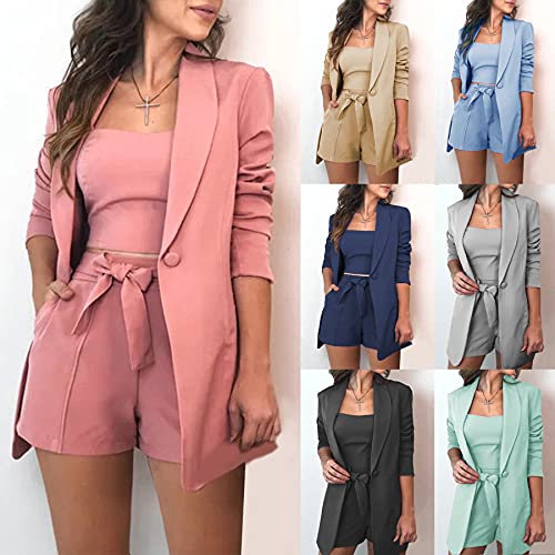 3 Piece Outfits for Women Long Sleeve Open Front Blazer & Crop Tops & Shorts Elegant Business Suit Sets
