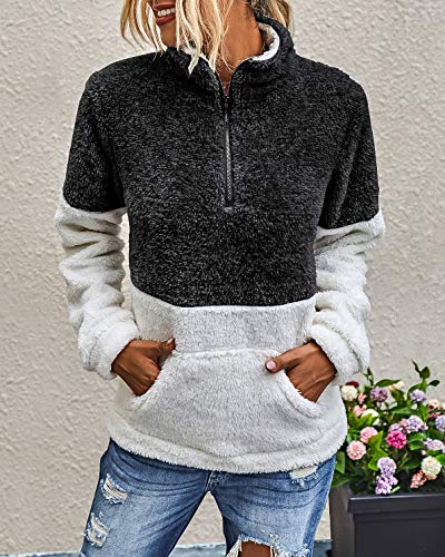 BTFBM Women Sherpa Pullover Quarter Zip Long Sleeve Fluffy Soft Fleece Jackets Sweaters Sweatshirts Hoodies Outwear Coat (Black, X-Large)