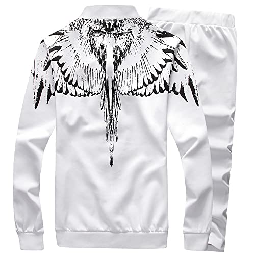 ASALI Mens Tracksuit Feather Wings Fashion Warm Up Jogger Suit with Jacket+Pants Sets White XL