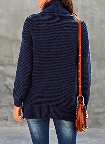 Actloe Women Casual Turtleneck Long Sleeve Chunky Knitted Pullover Sweaters Navy Large