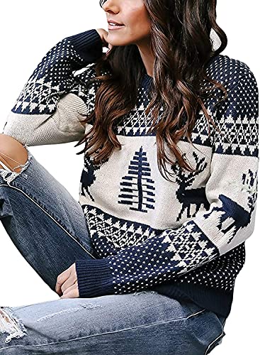 YEXIPO Women's Ugly Christmas Sweater Cute Reindeer Xmas Tree Knit Casual Long Sleeve Pullover Tops