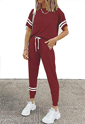 Women's Striped Jogger Set 2 Pieces Sweatsuit Sets Short Sleeve Loungewear Crewneck Outfits Athletic Clothing Sets Tracksuits
